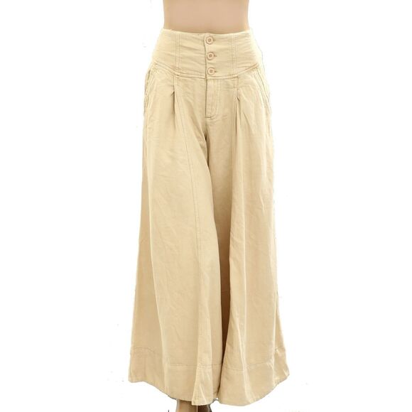 Free People Maxed Out Wide-Leg Trousers Pants Mid-Rise Pleated Beige M-8 282253 - Picture 6 of 9